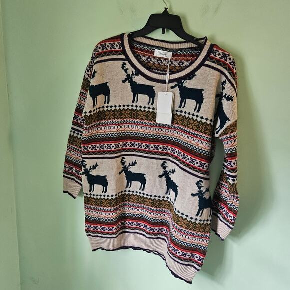 NWT! Orilife Oversized Baggy Beige Cotton & Wool Blend Reindeer Sweater - Picture 2 of 9